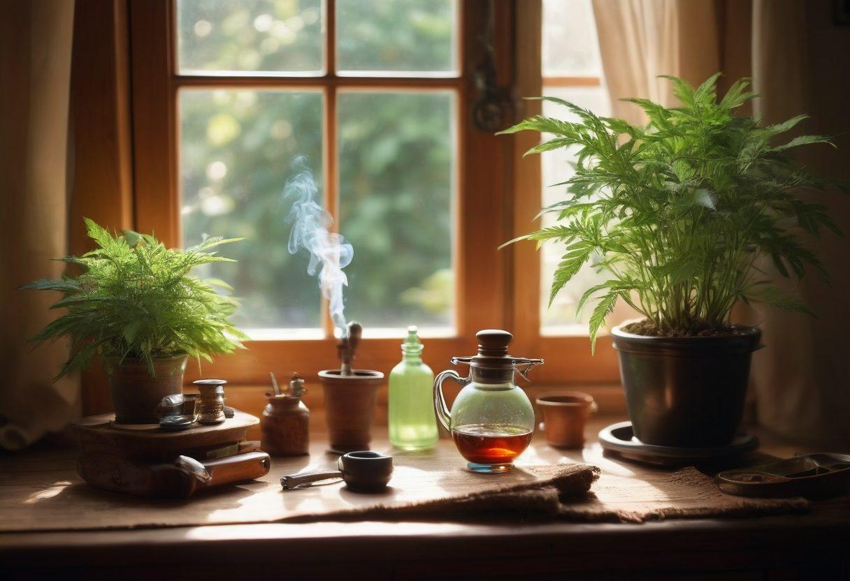 A serene scene showcasing a cozy room with a wooden table adorned with elegant smoking accessories, including decorative glass pipes, rolling papers, and a vintage grinder. Soft sunlight filters through a window, illuminating potted cannabis plants in the background, while a calming herbal tea sits steaming beside the accessories. Elements of nature such as green leaves and wooden textures to evoke tranquility. bohemian style. warm colors. soft focus.