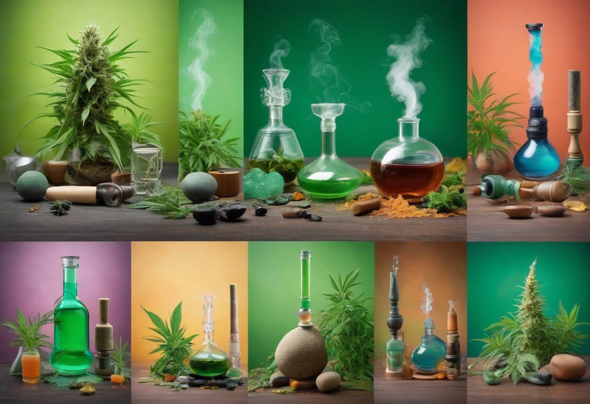 A serene wellness-themed collage showcasing various cannabis consumption methods, featuring elegant bongs, sleek vaporizers, and colorful pipes. Incorporate hints of lush green cannabis leaves and calming natural elements like soft lighting, smooth stones, and aromatic herbs. The backdrop should evoke a tranquil environment with a pop of color for a vibrant feel. whimsical art style. vibrant colors. soft focus.