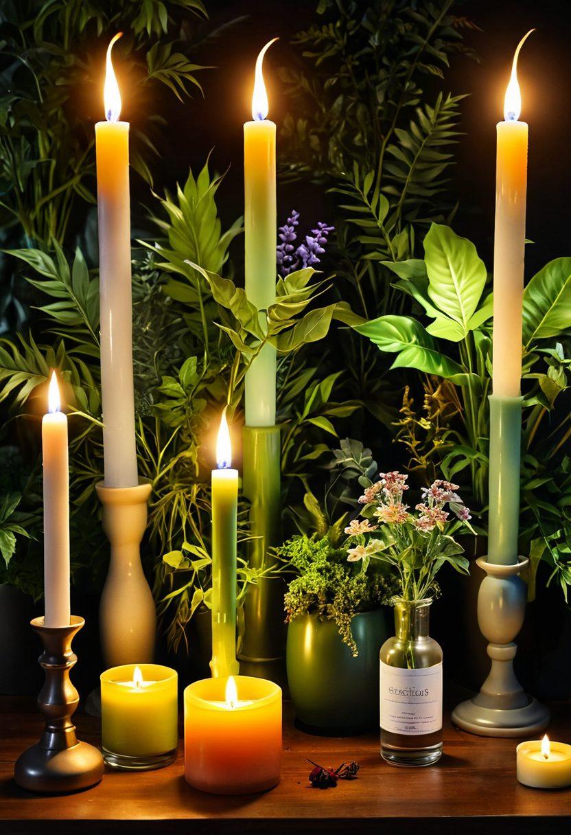 A serene and soothing environment featuring a variety of therapeutic bongs elegantly displayed amongst lush greenery, soft glowing candles, and natural healing herbs. The bongs should be uniquely designed, emphasizing their therapeutic benefits, while a gentle sunlight filters through, casting a calming atmosphere. Include subtle hints of wellness symbols like chakras or lotus flowers. vibrant colors. super-realistic.